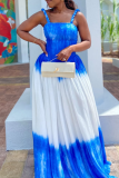Blue Sexy Tie Dye Patchwork Spaghetti Strap Long Dresses