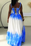 Blue Sexy Tie Dye Patchwork Spaghetti Strap Long Dresses