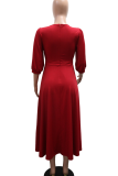 Red Elegant Solid Color Hot Drill Zipper O Neck Long Dresses