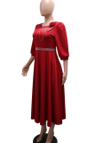Red Elegant Solid Color Hot Drill Zipper O Neck Long Dresses