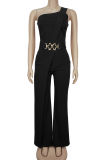 Black Sexy Solid Color Metal Accessories Trim Oblique Collar Regular Jumpsuits