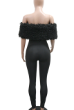 Black Sexy Solid Color Fluffy Off Shoulder Skinny Jumpsuits
