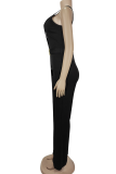 Black Sexy Solid Color Metal Accessories Trim Oblique Collar Regular Jumpsuits