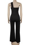 Black Sexy Solid Color Metal Accessories Trim Oblique Collar Regular Jumpsuits
