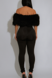 Black Sexy Solid Color Fluffy Off Shoulder Skinny Jumpsuits