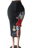 Light Blue Sexy Letters Embroidered High Slit Mid Waist Patchwork Bottoms