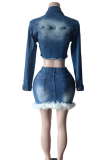 Sky Blue Sexy Solid Color Buckle Turndown Collar Long Sleeve Two Pieces