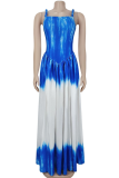 Blue Sexy Tie Dye Patchwork Spaghetti Strap Long Dresses