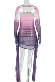 Purple Pink Sexy Gradient Patchwork Strapless Wrapped Skirt Dresses