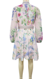 Light Blue Casual Print Buckle With Belt O Neck Printed Dresses