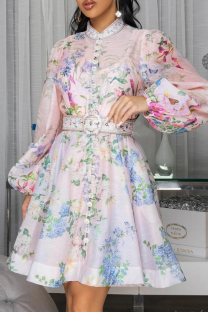 Light Pink Casual Print Buckle With Belt O Neck Printed Dresses