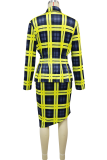 Black White Elegant Plaid Buckle Turndown Collar Long Sleeve Two Pieces
