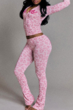 Pink Casual Leopard Print Zipper Hooded Long Sleeve Two Pieces