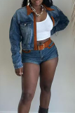 Sky Blue Sexy Zipper Contrast Turndown Collar Long Sleeve Two Pieces