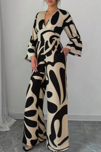 Brown Casual Print Patchwork V Neck Loose Jumpsuits
