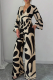 Brown Casual Print Patchwork V Neck Loose Jumpsuits