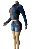 Sky Blue Sexy Zipper Contrast Turndown Collar Long Sleeve Two Pieces