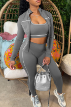 Grey Casual Zipper Zipper Collar Long Sleeve Three Pieces