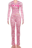 Pink Casual Leopard Print Zipper Hooded Long Sleeve Two Pieces