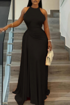 Black Elegant Solid Color Ruched O Neck Long Dresses