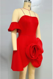 Red Sexy Solid Color Flower Shape Strapless Irregular Dresses