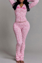 Pink Casual Leopard Print Zipper Hooded Long Sleeve Two Pieces