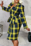 Black White Elegant Plaid Buckle Turndown Collar Long Sleeve Two Pieces