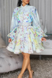 Light Blue Casual Print Buckle With Belt O Neck Printed Dresses