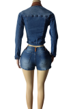Sky Blue Sexy Zipper Contrast Turndown Collar Long Sleeve Two Pieces