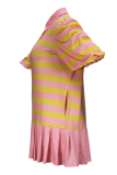 Pink Casual Stripe Contrast Turndown Collar Plus Size Dresses