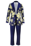 Blue Casual Print Turn-back Collar Long Sleeve Two Pieces