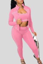 Pink Casual Zipper Zipper Collar Long Sleeve Three Pieces