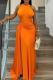 Tangerine Red Elegant Solid Color Ruched O Neck Long Dresses
