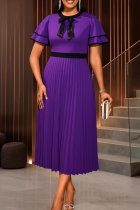 Purple Elegant Solid Color Pleated O Neck Long Dresses