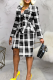 Black White Elegant Plaid Buckle Turndown Collar Long Sleeve Two Pieces