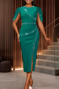 Green Elegant Solid Color Slit Beading O Neck Long Dresses