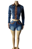 Sky Blue Sexy Zipper Contrast Turndown Collar Long Sleeve Two Pieces