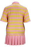 Pink Casual Stripe Contrast Turndown Collar Plus Size Dresses