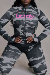 Dark Gray Casual Leopard Print Zipper Hooded Long Sleeve Two Pieces