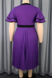 Purple Elegant Solid Color Pleated O Neck Long Dresses