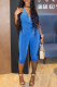 Blue Casual Solid Color V Neck Regular Jumpsuits