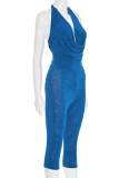 Blue Casual Solid Color V Neck Regular Jumpsuits