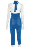 Blue Casual Solid Color V Neck Regular Jumpsuits