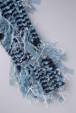 Green Street Tassel Patchwork Weave O Neck Long Sleeve Two Pieces