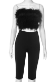 Black Sexy Solid Color Fluffy Strapless Sleeveless Two Pieces