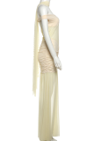 Apricot Sexy Solid Color See-Through Slit Off Shoulder Long Dresses
