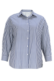Blue Casual Stripe Buckle Shirt Collar Plus Size Tops