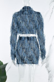Green Street Tassel Patchwork Weave O Neck Long Sleeve Two Pieces
