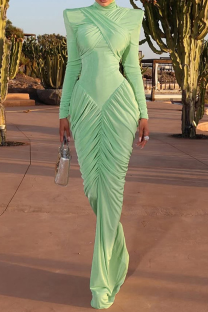 Green Elegant Solid Color Backless Ruched Turtleneck Long Dresses