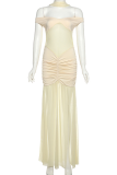 Apricot Sexy Solid Color See-Through Slit Off Shoulder Long Dresses
